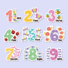 Vector sticker set of colorful numbers and cute insects. Math for kids	