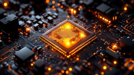 Glowing circuit board with central microchip featuring illuminated world map
