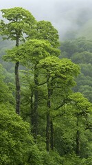 Fototapeta premium Lush green trees in a misty forest. Serene nature scene.