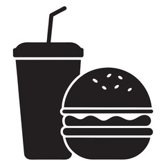 Burger and drink icon, hamburger and soda black silhouette vector on white background