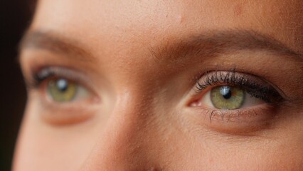 Cropped view macro extreme close up female blue eyes woman girl businesswoman business details...