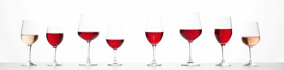 Wine glasses, red and white, arranged on white background Clean composition, object, simple, image