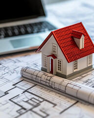 Miniature Architectural Model of a House on Blueprints, Representing Planning and Design Precision in Residential Architecture
