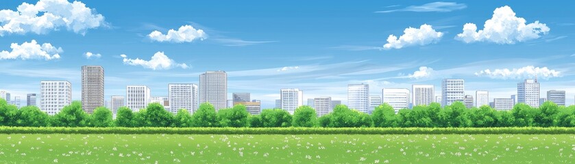 Fototapeta premium City skyline, park, meadow, sunny day, idyllic urban landscape