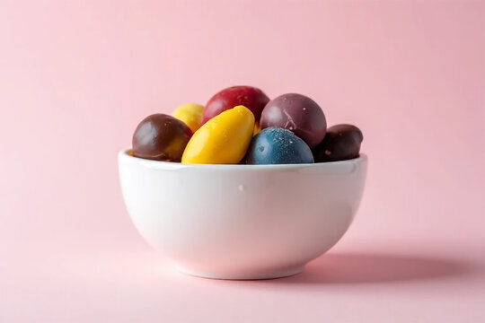 A delightful bowl of colorful chocolate treats, a sweet and vibrant mix of fruity flavors, nestled in a simple white bowl against a soft pink backdrop.