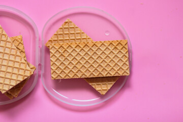 Waffles on a smooth pink background. perfect for illustrating a minimalist breakfast or dessert idea.
