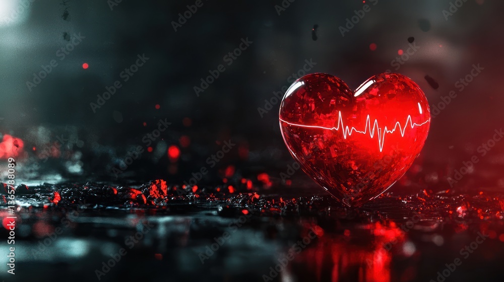 Aufkleber red heart with pulsing ecg line on a dark background