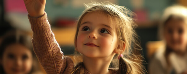Girl eagerly raising her hand in classroom during lesson time with fellow students observing