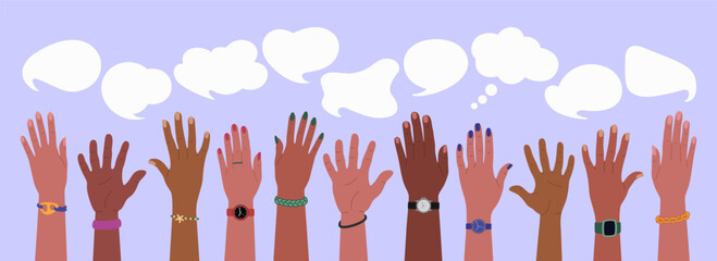 Group of diverse multiracial hands raised up and speech bubbles. Cooperation, communication, opinions exchange. Hand drawn vector vector illustration isolated on purple background, flat cartoon style.