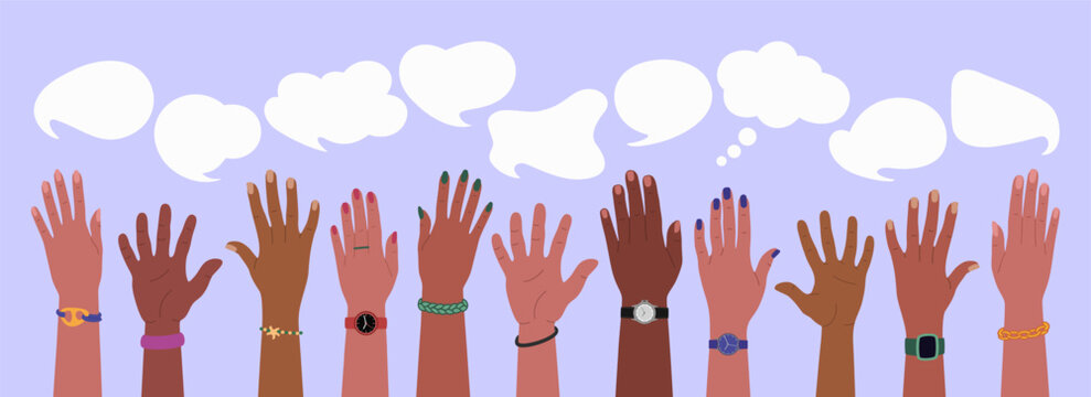 Group of diverse multiracial hands raised up and speech bubbles. Cooperation, communication, opinions exchange. Hand drawn vector vector illustration isolated on purple background, flat cartoon style.