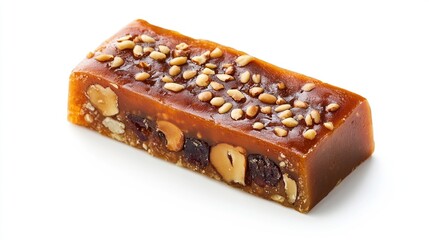 Single caramel candy bar with nuts and dried cranberries.