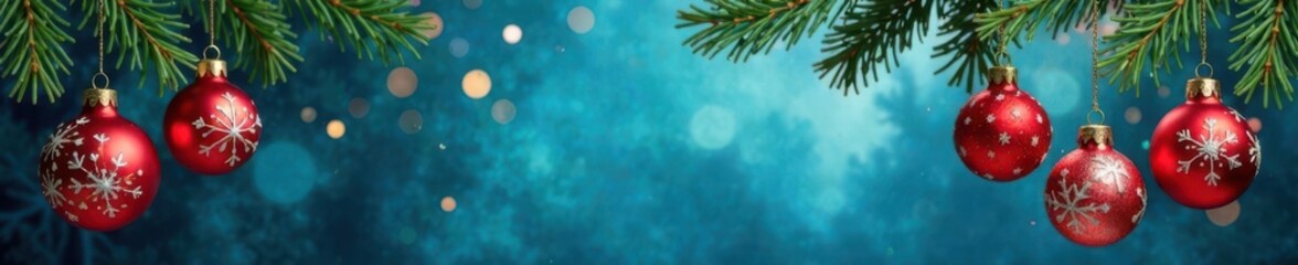 Fototapeta premium Hanging Christmas ornaments with festive elements on a blue background, blue color scheme, Christmas decorations
