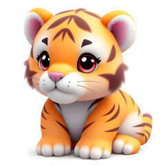 Naklejka premium Tiger – 3D baby tiger, tiny soft stripes, round plump body, big shiny eyes, pastel orange and lilac tones, white background Generative AI