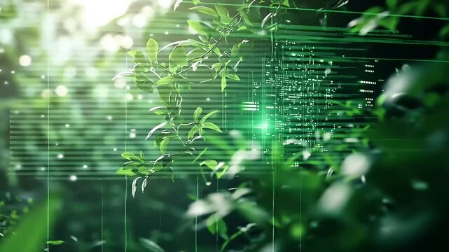 Lush green foliage frames a futuristic cityscape of glowing lights, representing nature and technology.