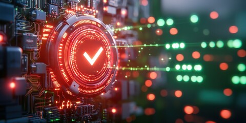 Glowing Red Checkmark In Futuristic Circuit Board