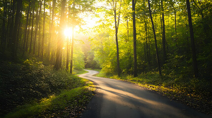 Obraz premium Sunlit Forest Path Winding Through Lush Green Trees with Golden Sunlight and Shadows in a Natural Landscape