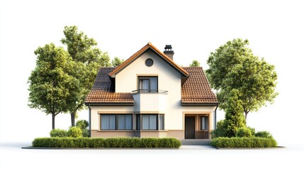 Suburban house with green landscaping isolated on white background.
