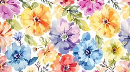 Seamless pattern with watercolor colorful flowers drawing illustration on white background