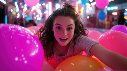 Fototapeta premium Person in ball pit having fun and smiling