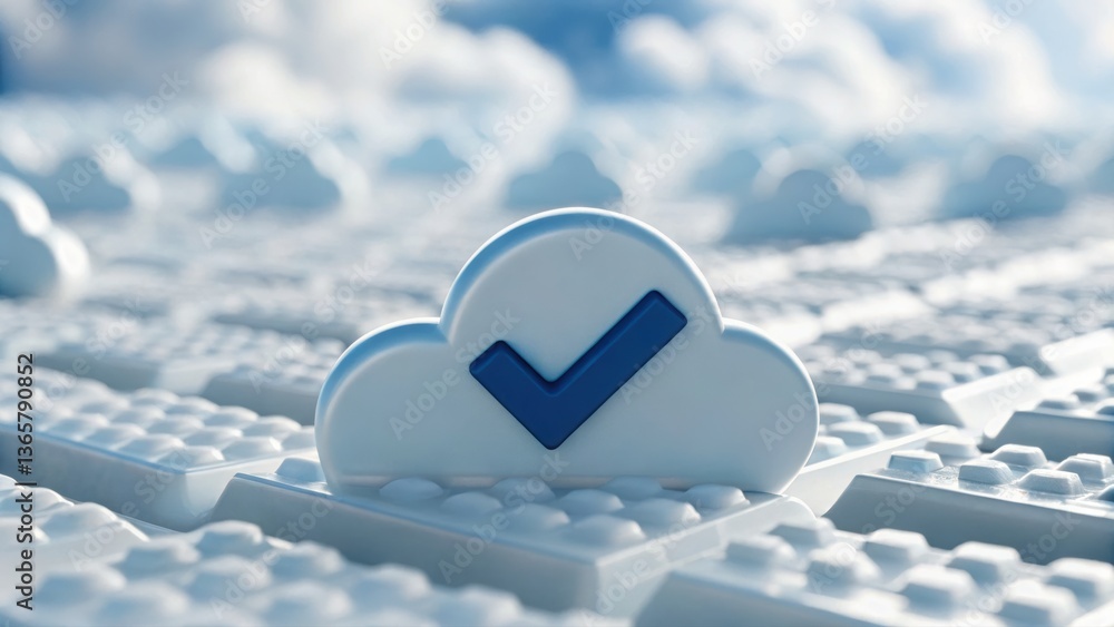 Poster cloud with a detailed blue check mark floating seamlessly representing approval and positive validat
