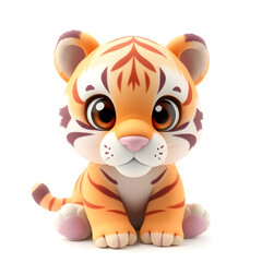 Naklejka premium Tiger – 3D baby tiger, tiny soft stripes, round plump body, big shiny eyes, pastel orange and lilac tones, white background Generative AI