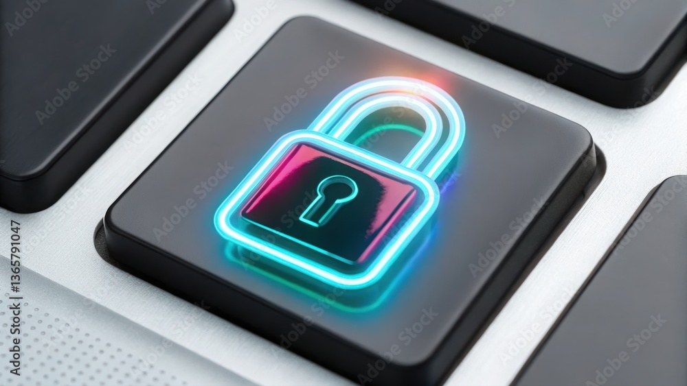 Poster a neon lit futuristic padlock on a computer keyboard representing data security and digital protecti