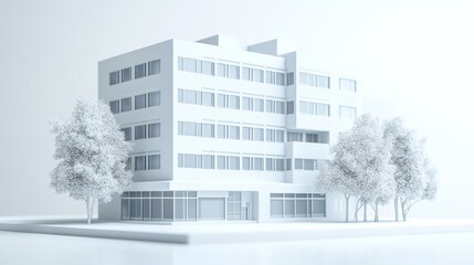 White building model, trees, studio background; architectural design