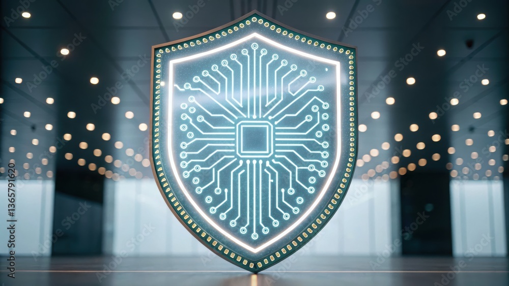 Poster intelligent security shield infused with circuit patterns displaying advanced technology features