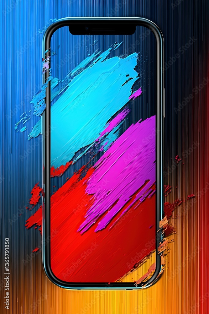 Poster abstract illustration of a phone with colorful glitch art background featuring fragmented ui element