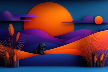 Obraz premium Vibrant Geometric Illustration of an Animal in a Scenic Landscape with Sunset and Stylized Nature Elements