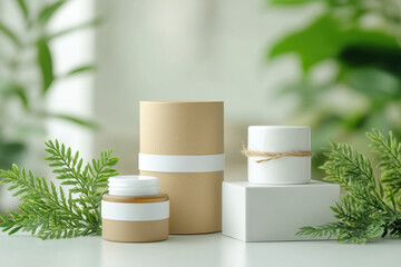 Luxurious skincare products in renewable cardboard packaging are elegantly displayed in serene room with soft natural lighting and greenery accents, creating calming atmosphere
