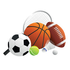 Sports Equipment Collection &ndash; Soccer, Basketball, Tennis, Badminton, Perfect for illustrating sports themes, athletic competitions, fitness, active lifestyle, and recreation