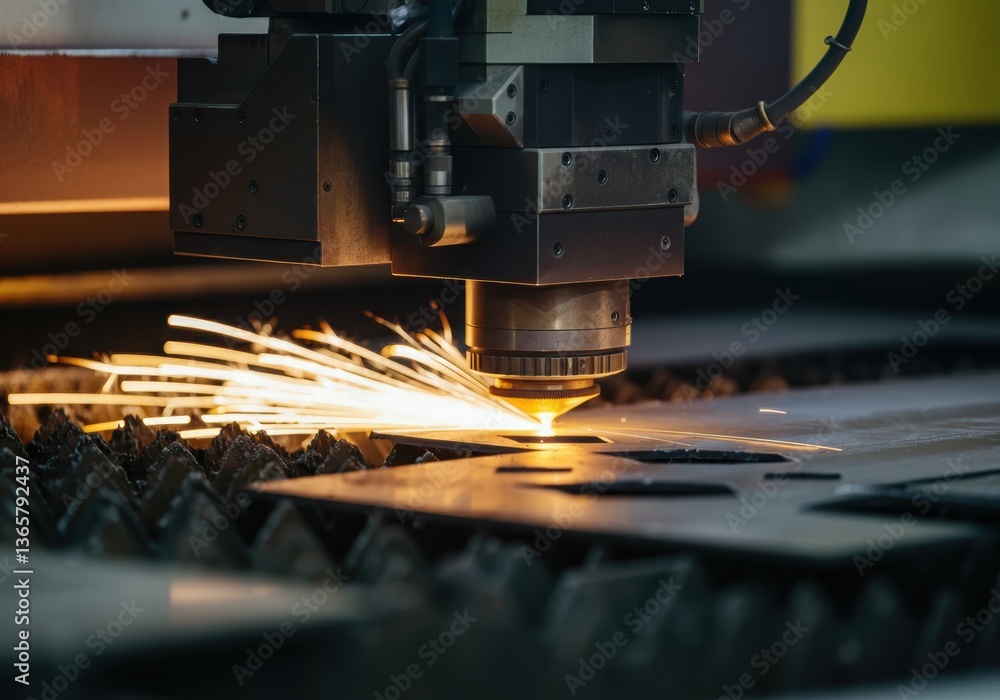 Poster laser cutting machine creating sparks while processing metal sheets