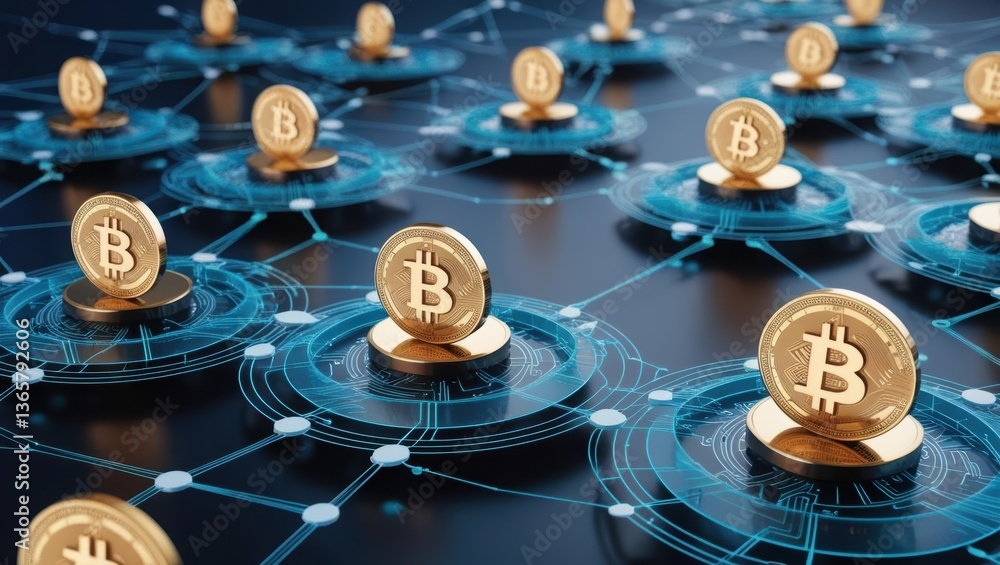 Poster bitcoin coins stacked together symbolizing modern currency in a blockchain decentralized network