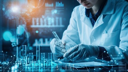 Conducting laboratory research by a scientist in a high-tech environment modern science facility action shot