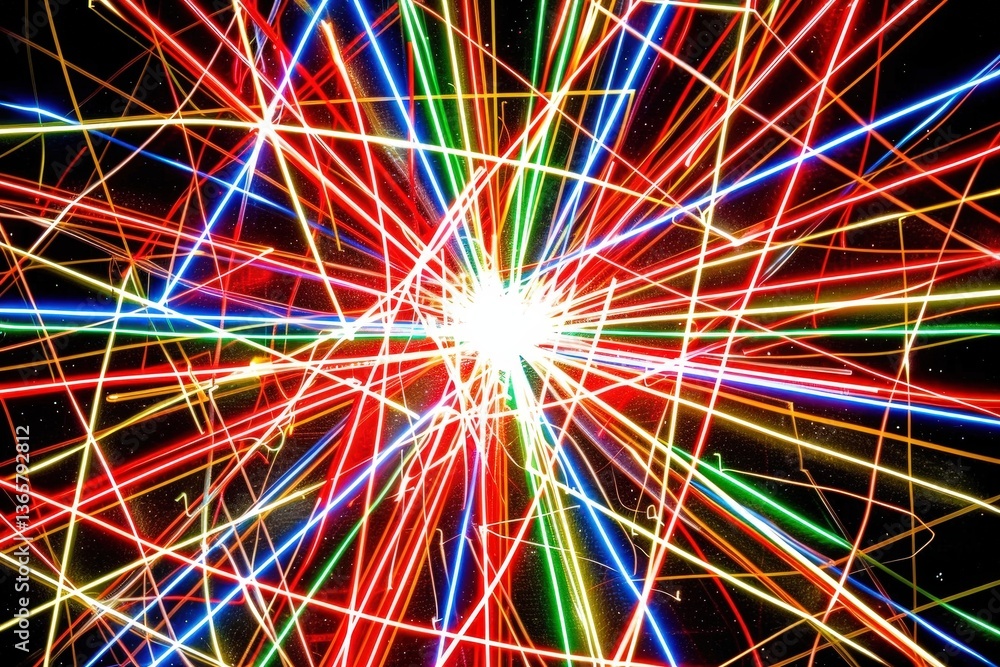 Poster a vibrant explosion of colored light beams radiating outward, creating a dynamic and energetic visua