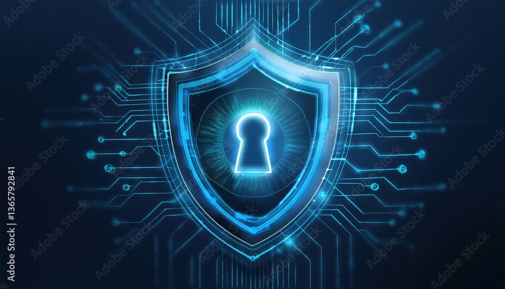 Poster a security shield displaying a key representing protection and security of digital assets and data