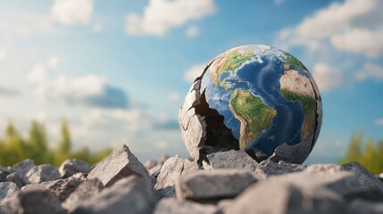 Fragile World: A stunning visual metaphor of the Earth, cracked and fractured, representing the fragility of our planet under the weight of environmental issues and climate change.