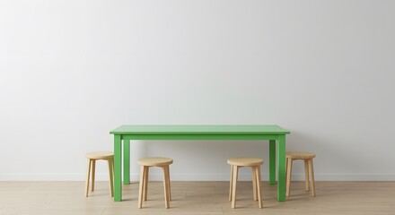 Obraz premium A simple, inviting green table surrounded by light wood stools in a bright, minimalist room, exuding calm serenity and understated elegance.