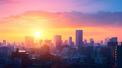 Fototapeta premium Cityscape Sunset View Over Urban Buildings With Orange Pink And Blue Sky And Golden Light