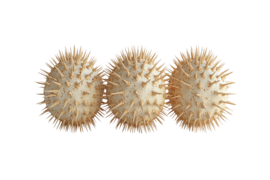 Abstract 3D Render of Three Spiky Beige Spheres on Transparent background