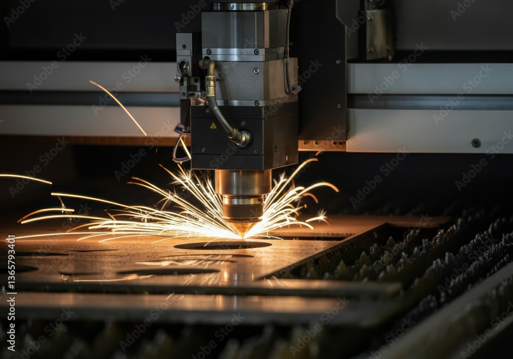 Poster laser cutting machine creating sparks while processing metal sheet