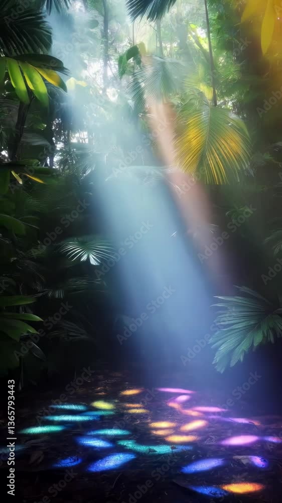Poster rays of vibrant light cascade through a lush tropical jungle, creating a dazzling spectrum of colors