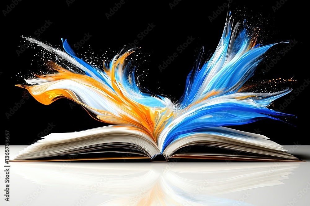 Poster artistic illustration of open book with colorful splashes and abstract design representing creative 
