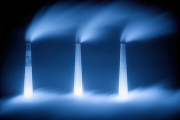 Three tall chimneys emitting smoke against a dark, misty background, illuminated by blue light, creating a surreal industrial atmosphere.