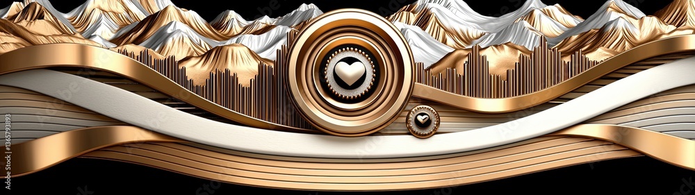 Poster elegant golden mountain range illustration with abstract waves and decorative elements for portfolio