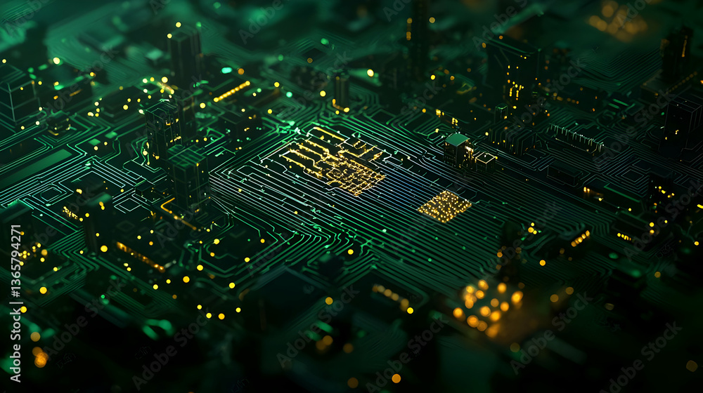 Poster abstract digital circuit board design displaying microscopic electronic components in green and yell