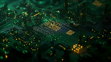 Abstract Digital Circuit Board Design Displaying Microscopic Electronic Components in Green and Yellow Tones