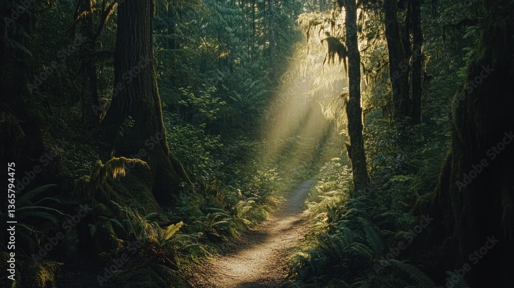 Poster sunbeams illuminate a forest trail, dappled light on moss-covered trees and lush ferns.