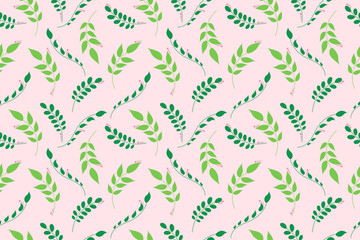 Delicate seamless pattern, green leaves, branches. Vector flat illustration on pink background for wrapping paper, wedding invitations, packaging, textiles